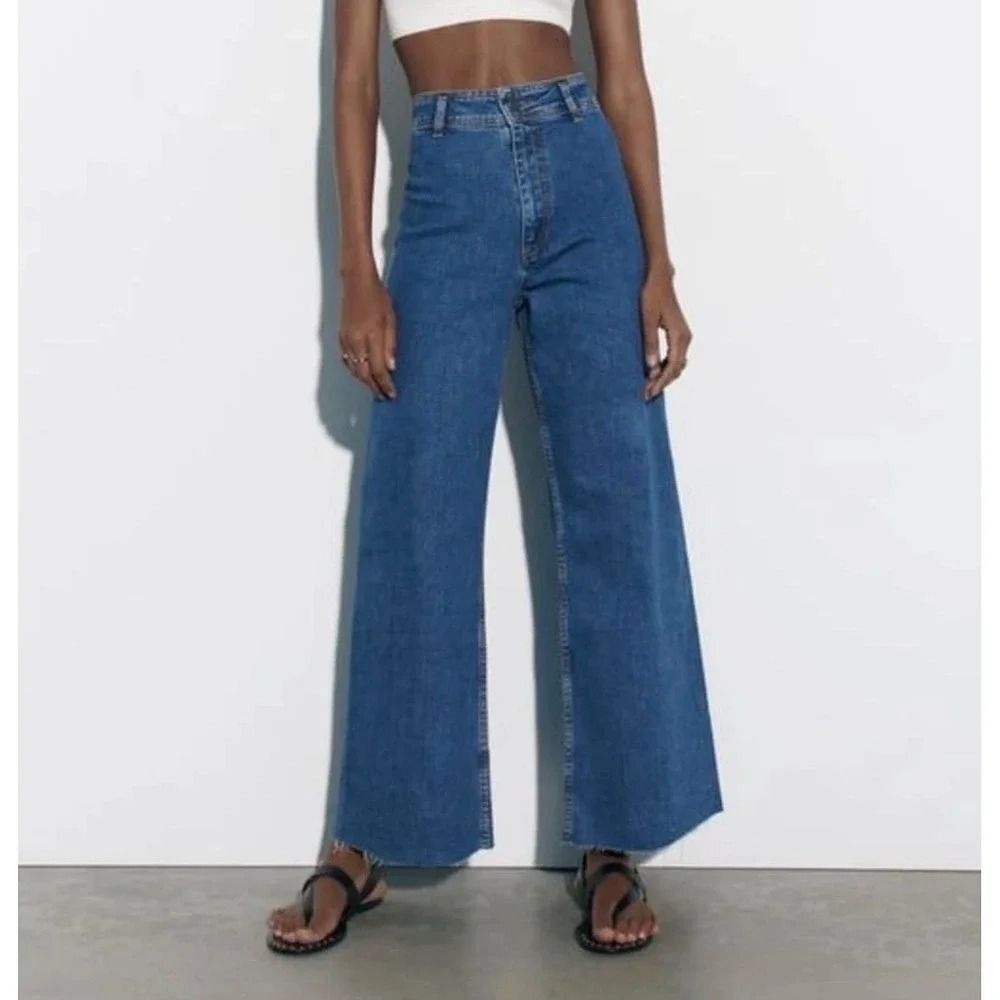 Zara The Marine High-Rise Straight Wide Leg Medium Wash Raw Hem Retro 70s Boho 6